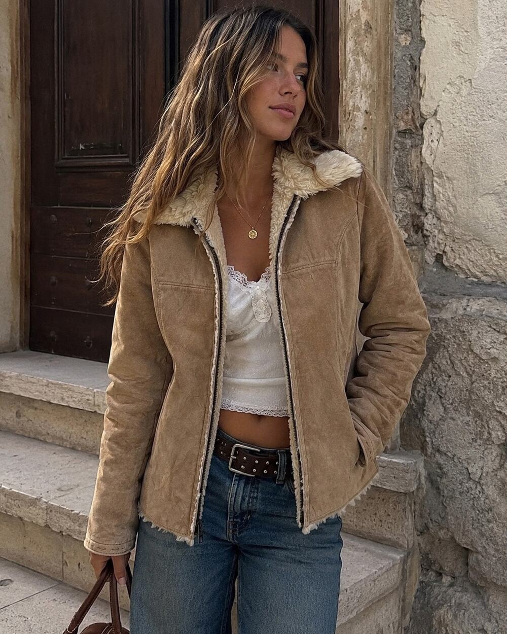 Avanti Vintage 90s Penny Lane Faux Fur Camel Suede Leather Jacket Size Large